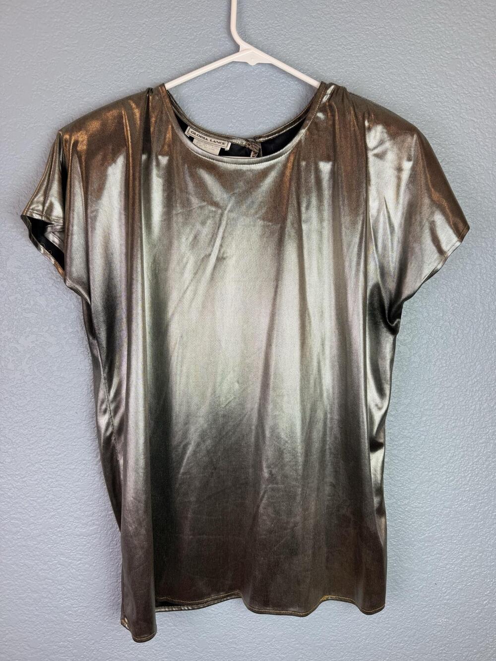 Gloria Lance Blouse Womens 14/16 Gold Metallic Dolman Short Sleeve Party Top